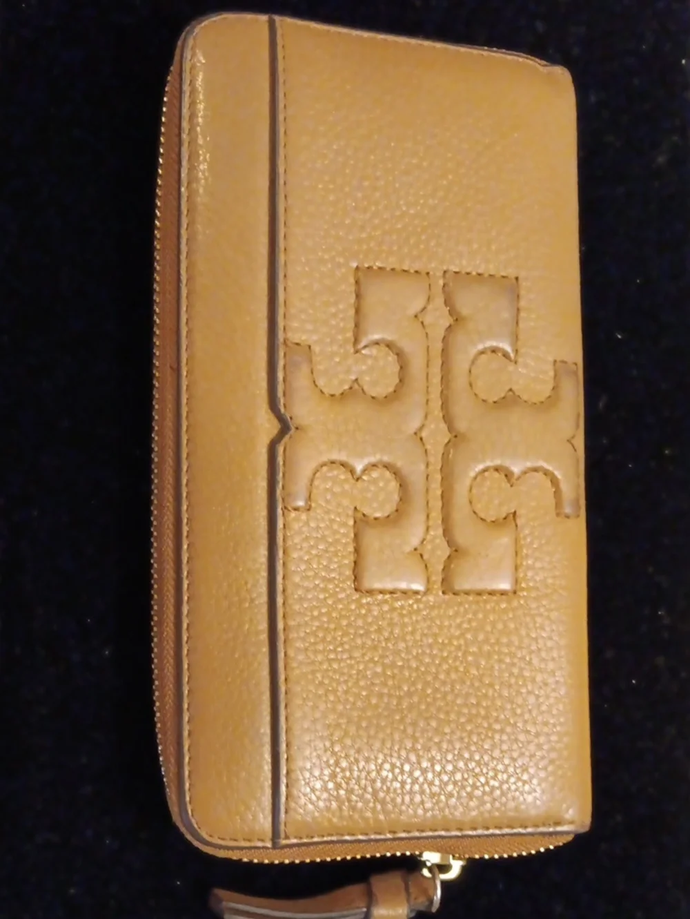 Tory Burch Camel Tan Pebbled Leather Zip Card Long Wallet